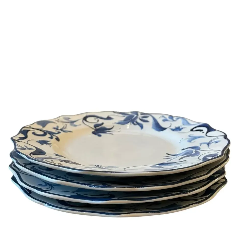 New 222 Fifth AYLA Blue Floral Porcelain 8.5in Salad Plates Scalloped Set of 4